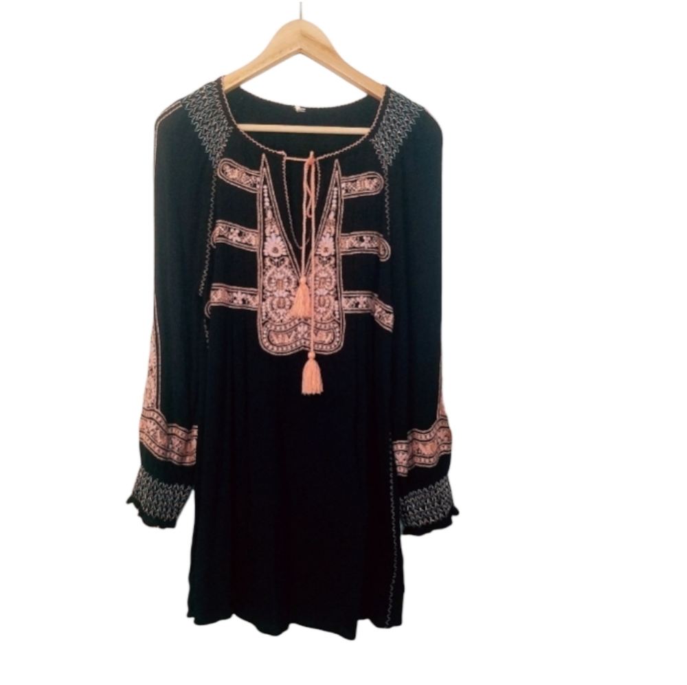 ❤🌼🌲SAVED FOR LAVONNE Free People Embroidered Long Sleeve Tassel Tie Tunic S/P - Picture 2 of 13